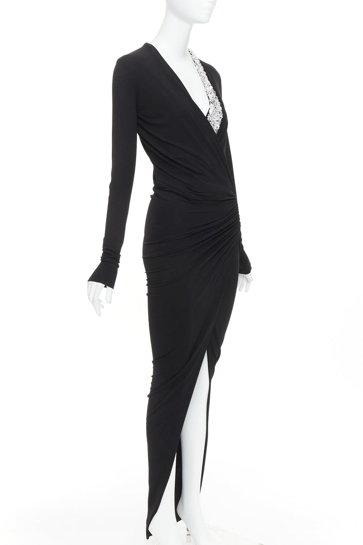 ALEXANDRE VAUTHIER black silver rhinestone jewel crystal plunge wrap dress
