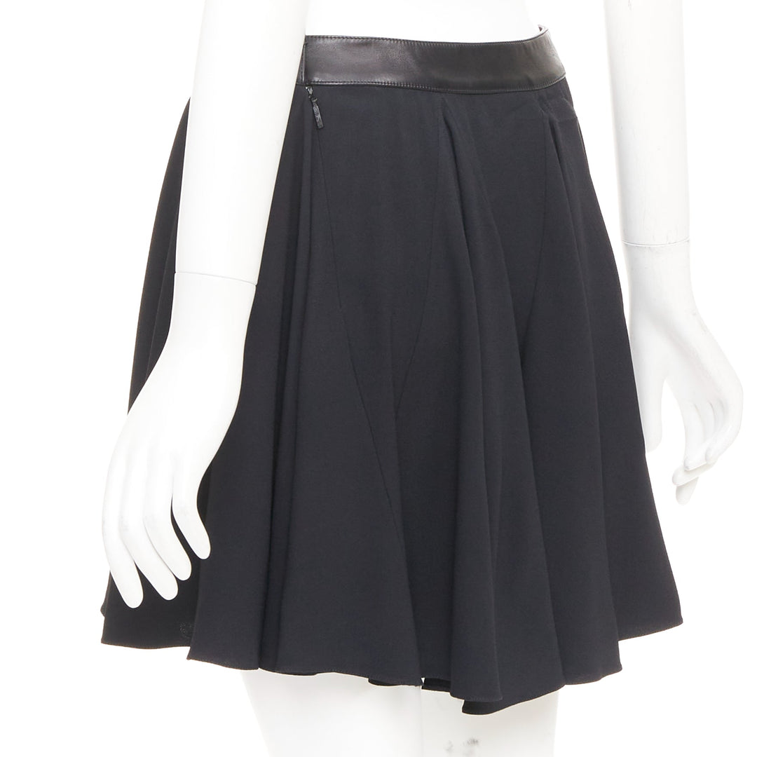 SAINT LAURENT 2012 black leather trim waist acetate mini flutter skirt FR36 S