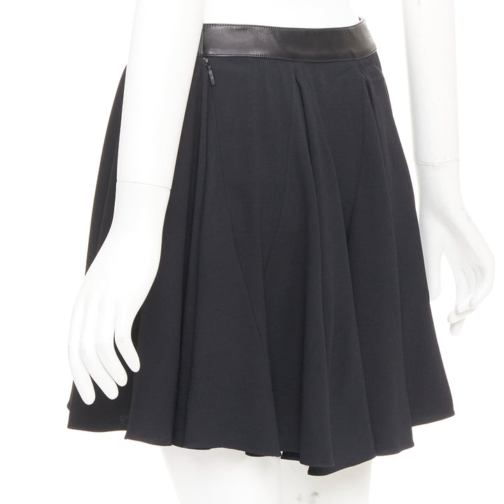SAINT LAURENT 2012 black leather trim waist acetate mini flutter skirt FR36 S