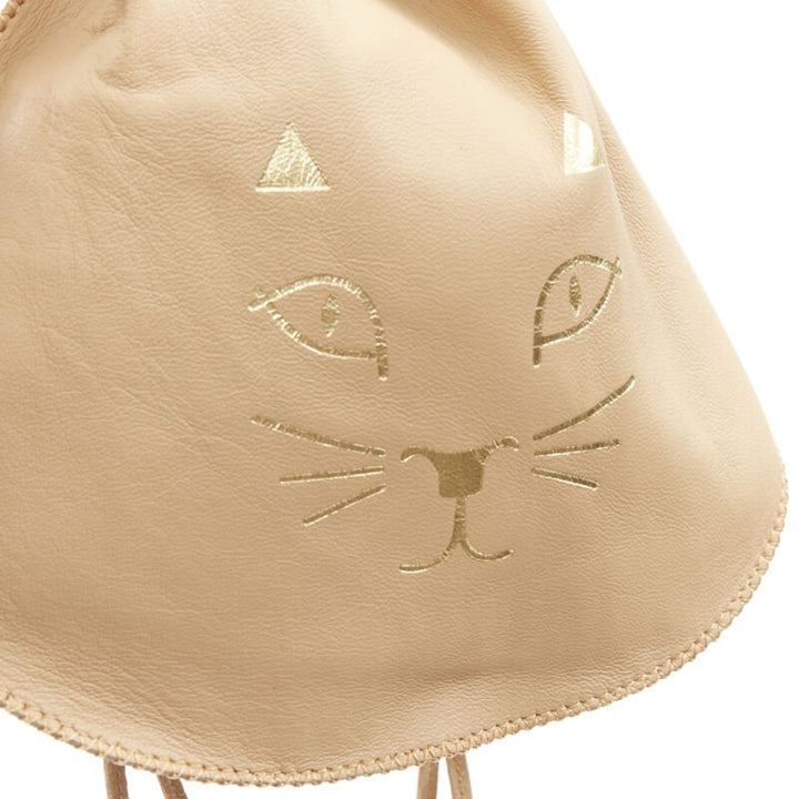 CHARLOTTE OLYMPIA Precious Pouch gold Kitty print tan leather drawstring bag