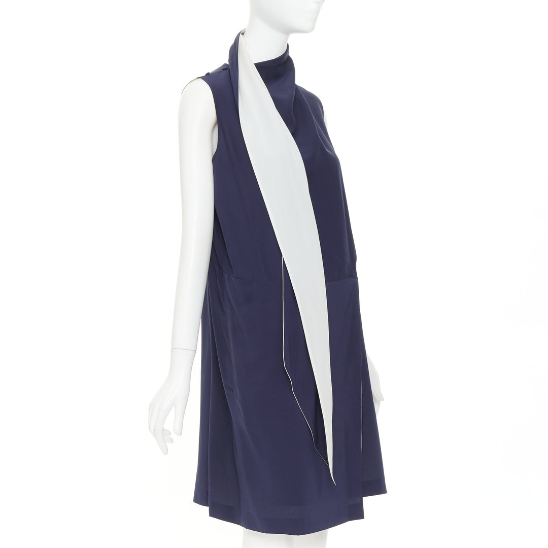 OLD CELINE 2010 Phoebe Philo navy ivory double layer silk scarf dress FR38 M
