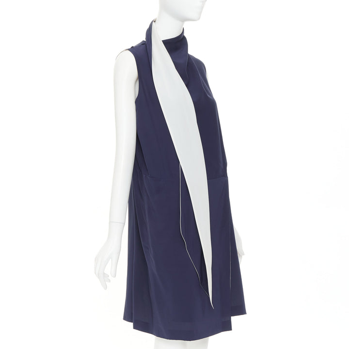 OLD CELINE 2010 Phoebe Philo navy ivory double layer silk scarf dress FR38 M