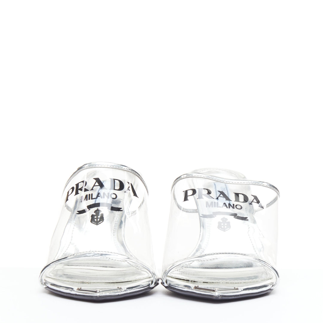 PRADA Plexiglass logo print clear PVC triangle toe mule heels EU37.5