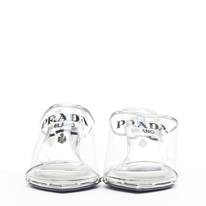 PRADA Plexiglass logo print clear PVC triangle toe mule heels EU37.5