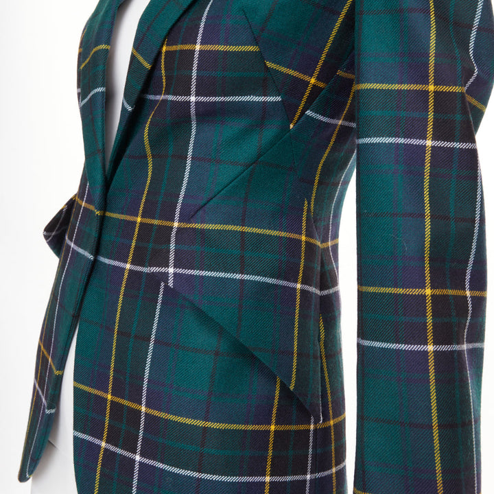 ALEXANDER MCQUEEN 2025 green wool tartan pointed shoulder blazer jacket IT36 XXS