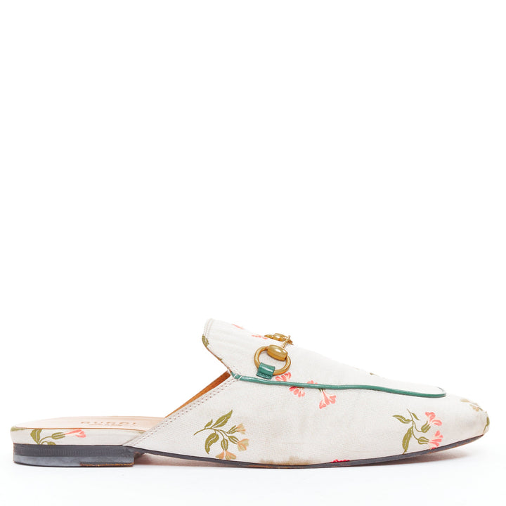 GUCCI Princetown grey floral jacquard gold horsebit mule loafer EU38
