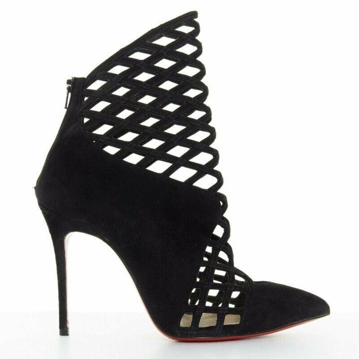 CHRISTIAN LOUBOUTIN Mrs Bouglione black suede mesh cut out pointy bootie EU35