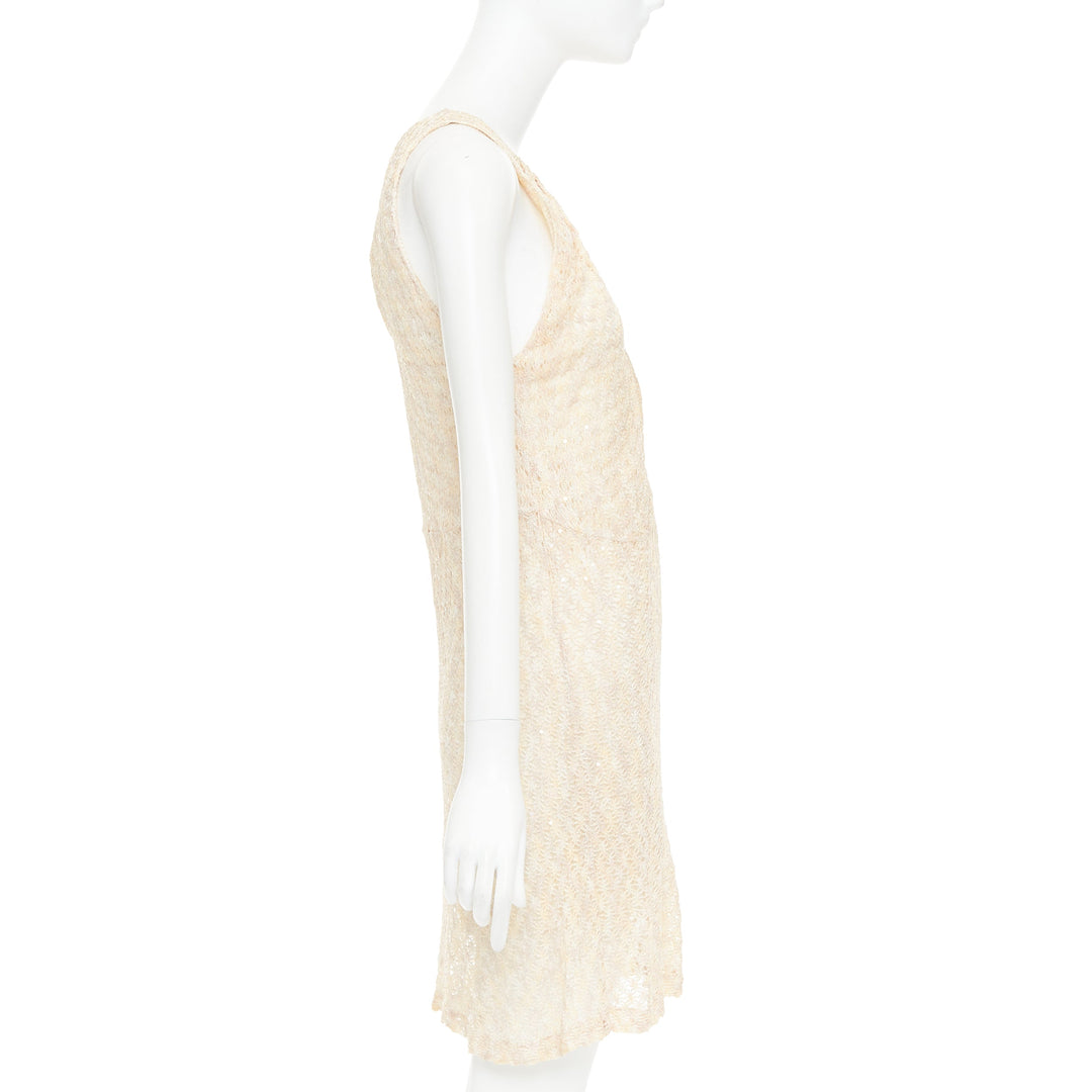 MISSONI cream sequin embellished loose knit pleated neck mini dress IT44 L