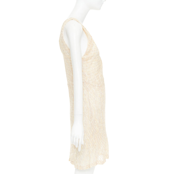 MISSONI cream sequin embellished loose knit pleated neck mini dress IT44 L