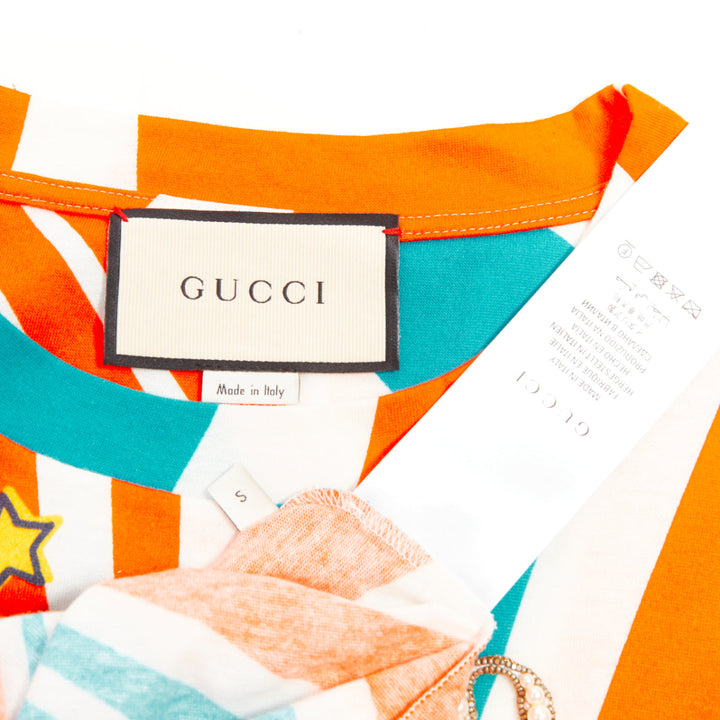 GUCCI 2017 LOVED Space Cat Astronaut embroidered beaded orange blue t-shirt S