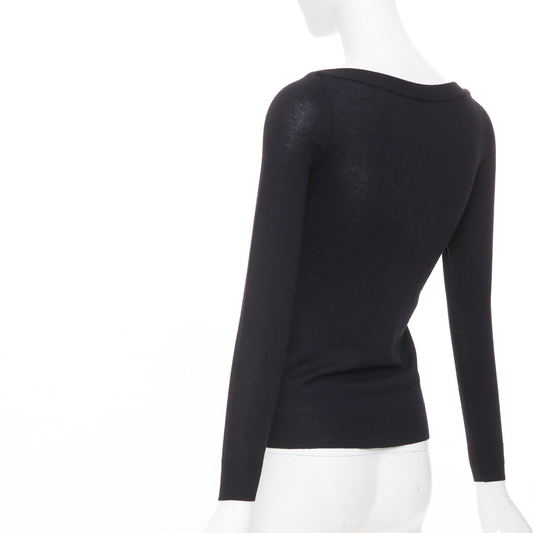 ALAIA fine knit semi sheer black virgin wool boat neck top FR36 S