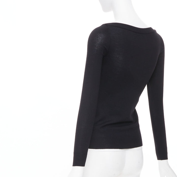 ALAIA fine knit semi sheer black virgin wool boat neck top FR36 S
