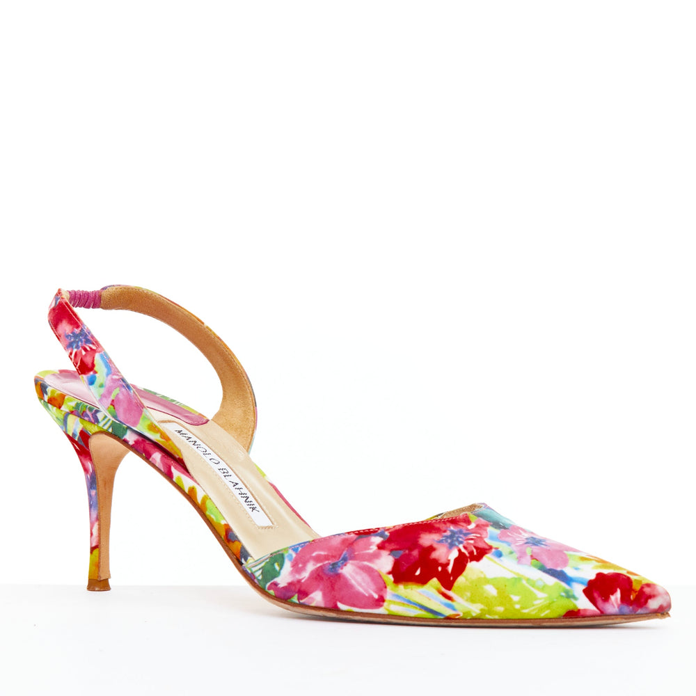 Female mannequin wearing Manolo Blahnik Multicolour Satin Women Heels in Size EU39 | Available at JHROP