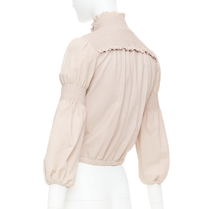 MIU MIU 2019 baby pink smocked lambskin leather ruffled puff crop jacket IT40 S