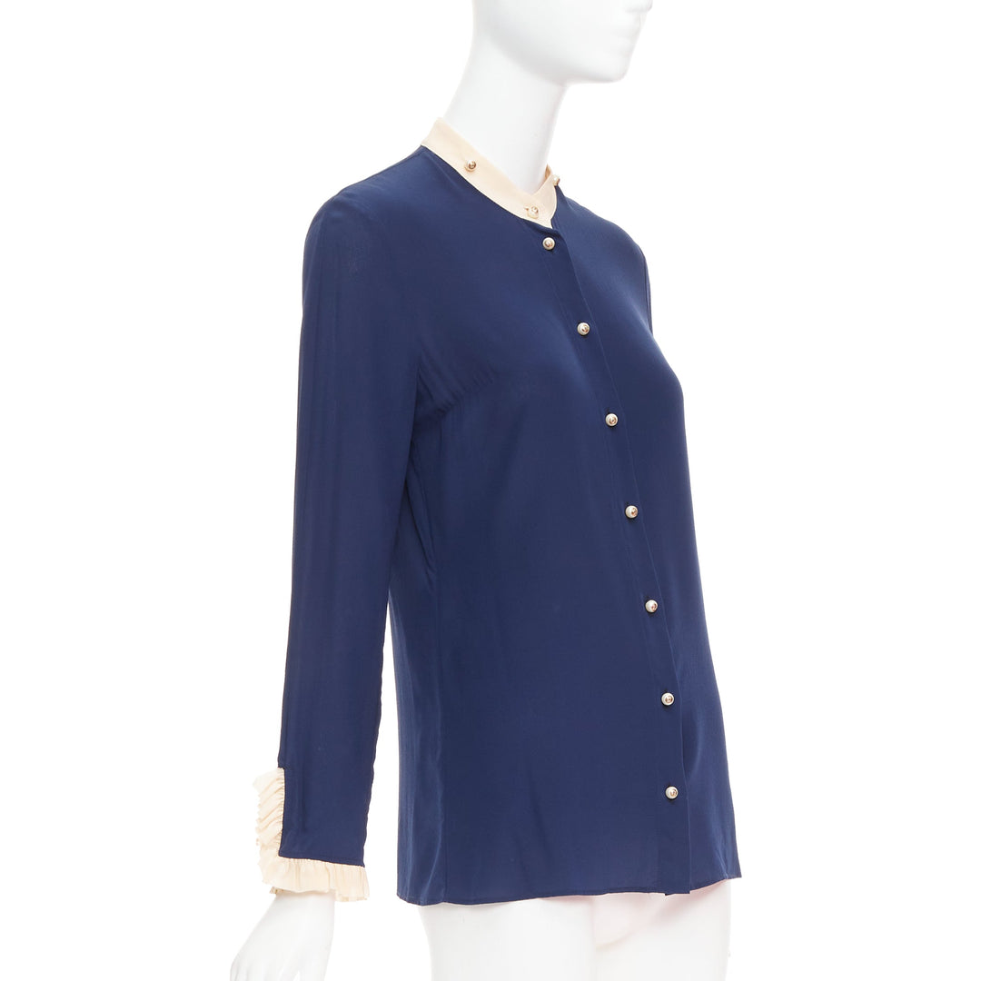 GUCCI 2017 navy 100% silk GG pearl buttons ruffle trim blouse shirt IT40 S