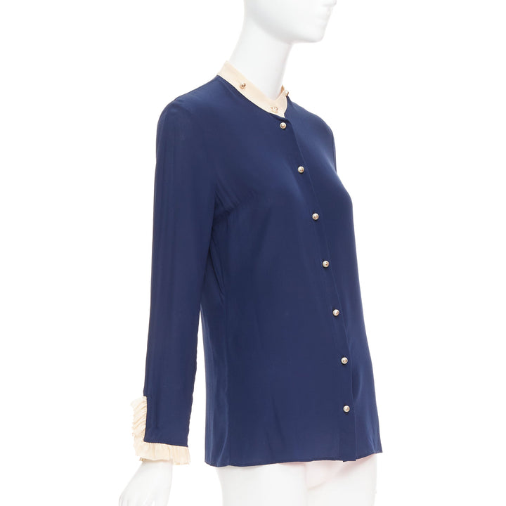 GUCCI 2017 navy 100% silk GG pearl buttons ruffle trim blouse shirt IT40 S