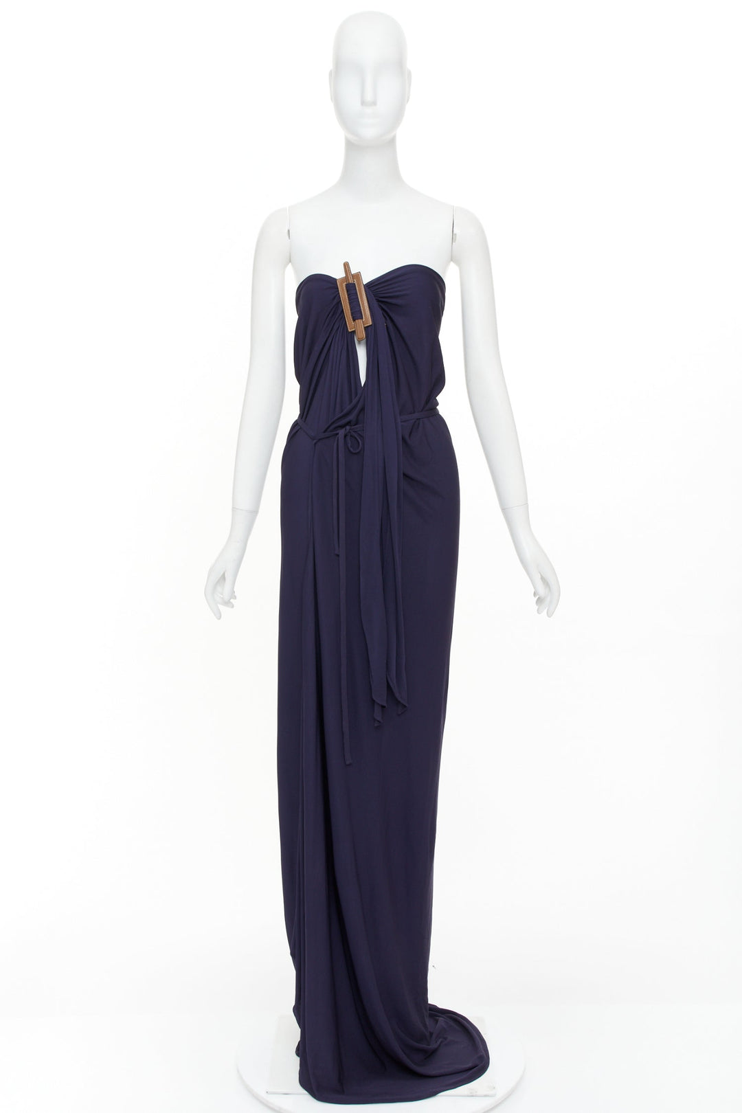 HERMES 2014 leather hardware bust navy viscose strapless gown dress FR36 S
