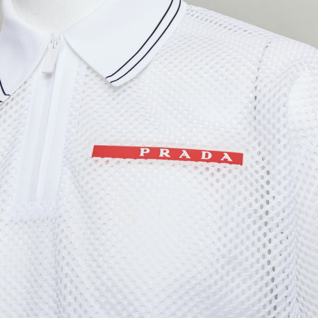 PRADA 2020 white sport mesh red logo half zip boxy polo shirt L