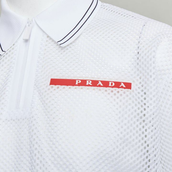 PRADA 2020 white sport mesh red logo half zip boxy polo shirt L