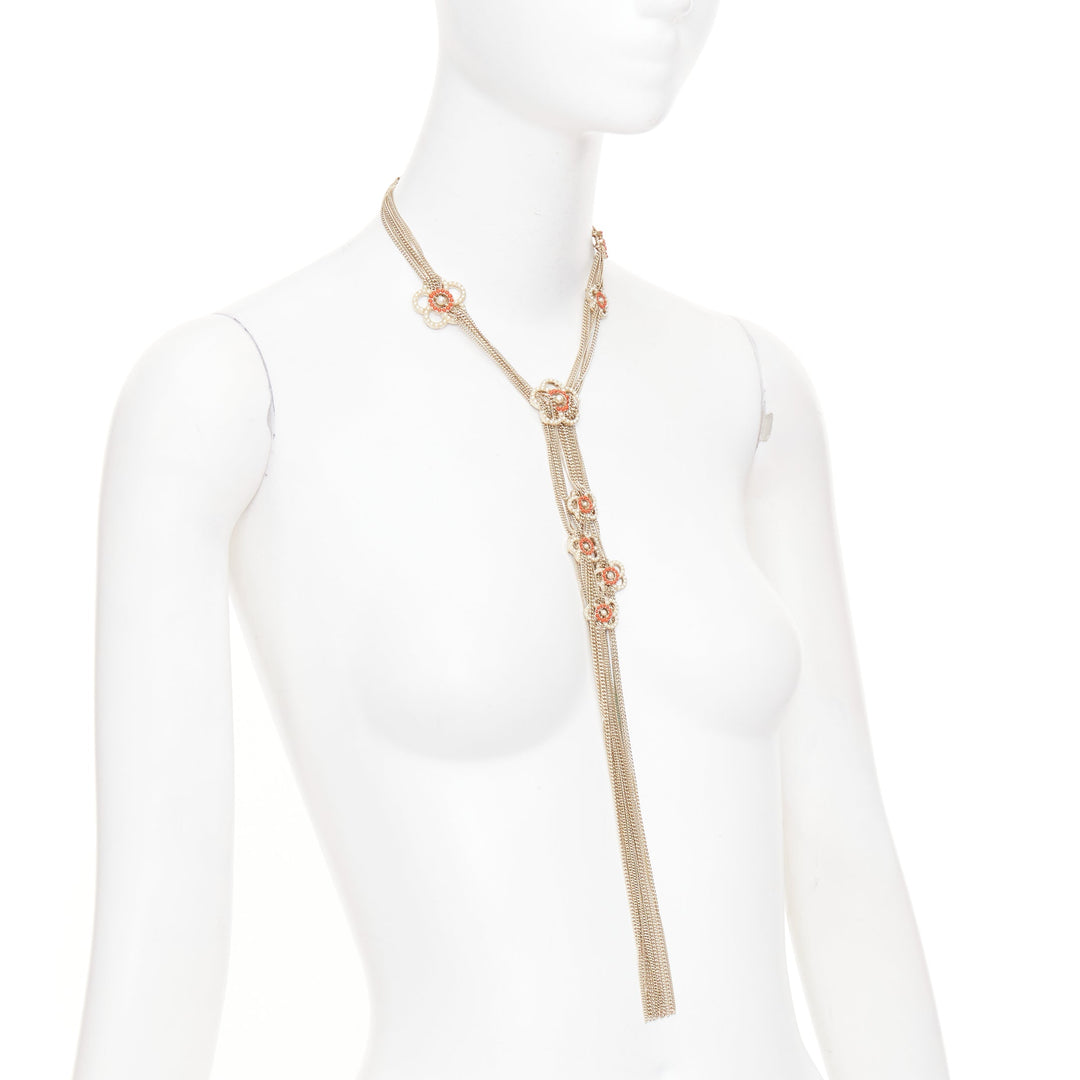 CHANEL A16P gold tone Camellia floral pearl fringe CC station sautoir necklac