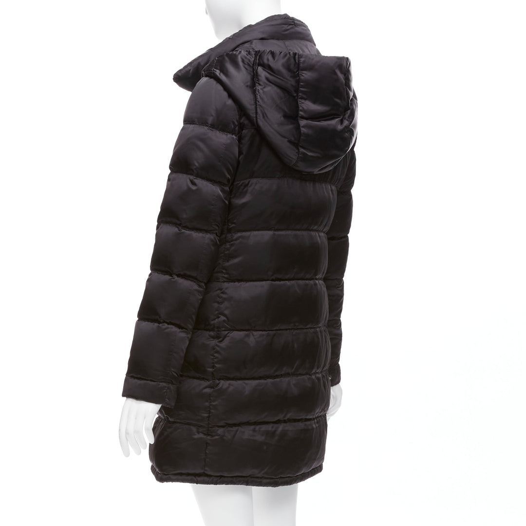 PRADA 2010 black shiny nylon hooded quilted long sleeve puffer coat IT42 M