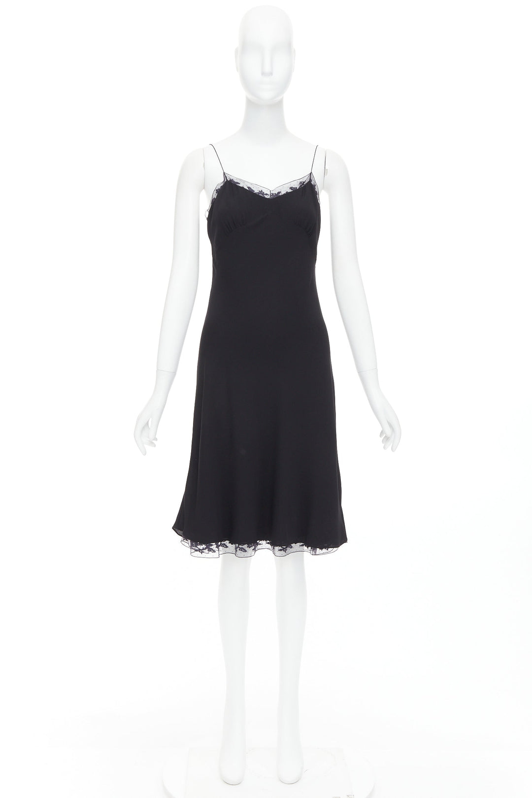 THE ROW Santi 100% silk crepe black fluid lace trim knee length slip dress US2 S