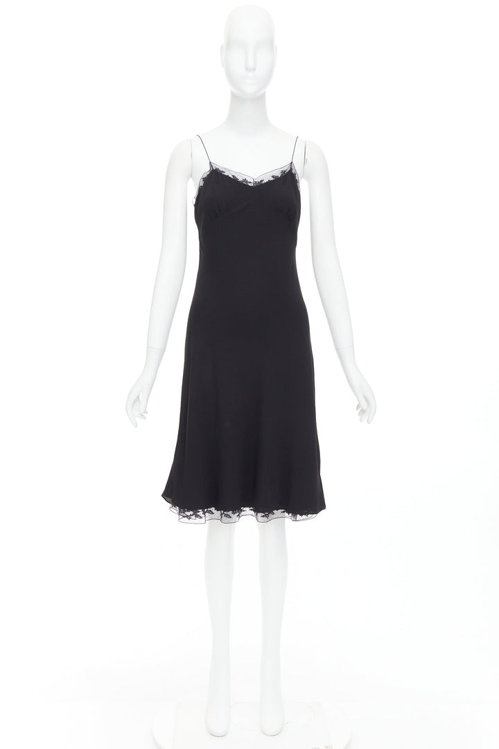 THE ROW Santi 100% silk crepe black fluid lace trim knee length slip dress US2 S