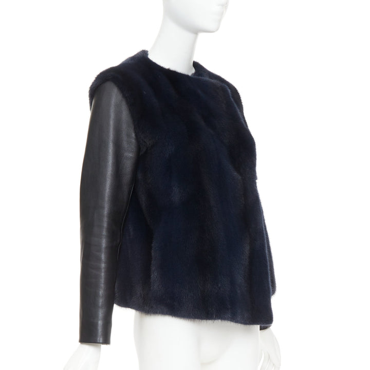 CHRISTIAN DIOR navy natural fur black soft leather sleeve silk lined jacket