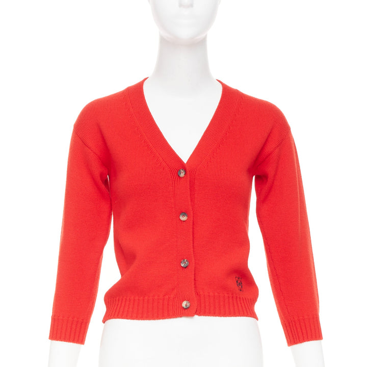 LOEWE 2022 Anagram embroidered orange red wool knit cropped cardigan top IT36 XS
