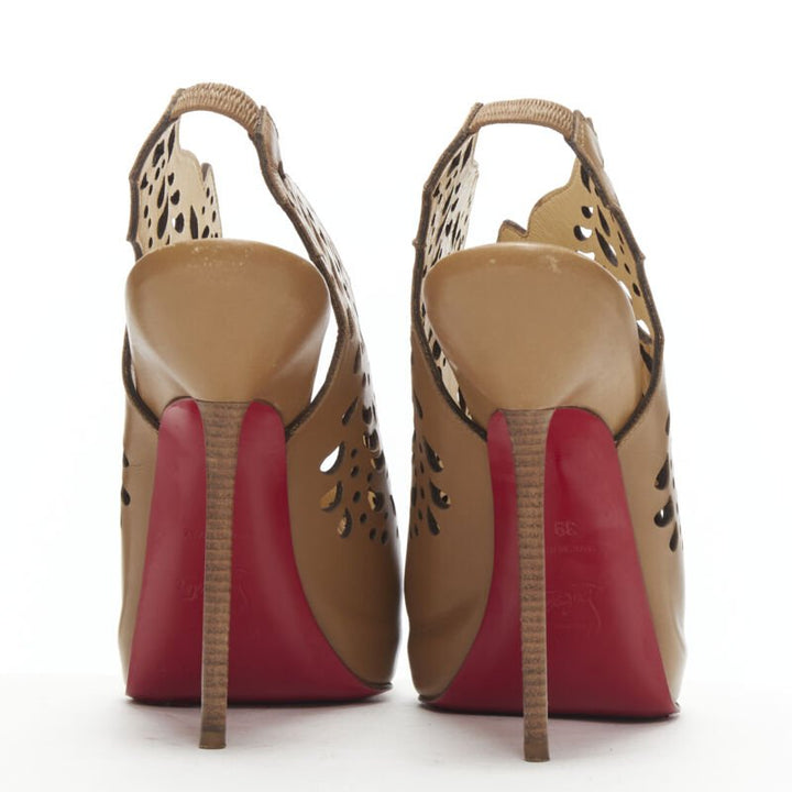 CHRISTIAN LOUBOUTIN Markesling 130 tan brown laser cut peep toe bootie EU39