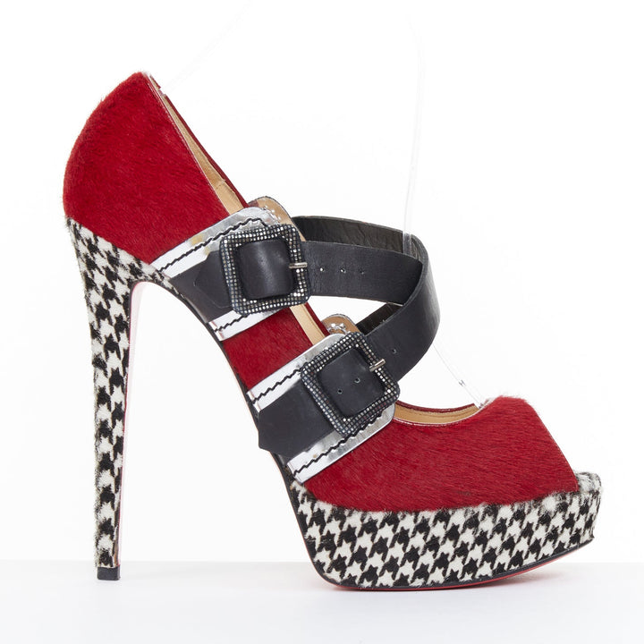 CHRISTIAN LOUBOUTIN Bikiki 140 red houndstooth calf hair platform heels EU38