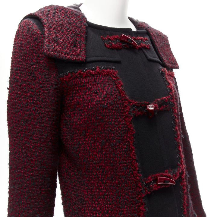 CHANEL 11A Runway red black wool tweed CC logo toggle button duffel coat FR36 S