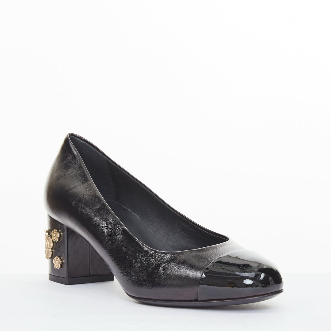 CHANEL 2021 black leather patent cap toe gold camellia block heel pumps EU39C