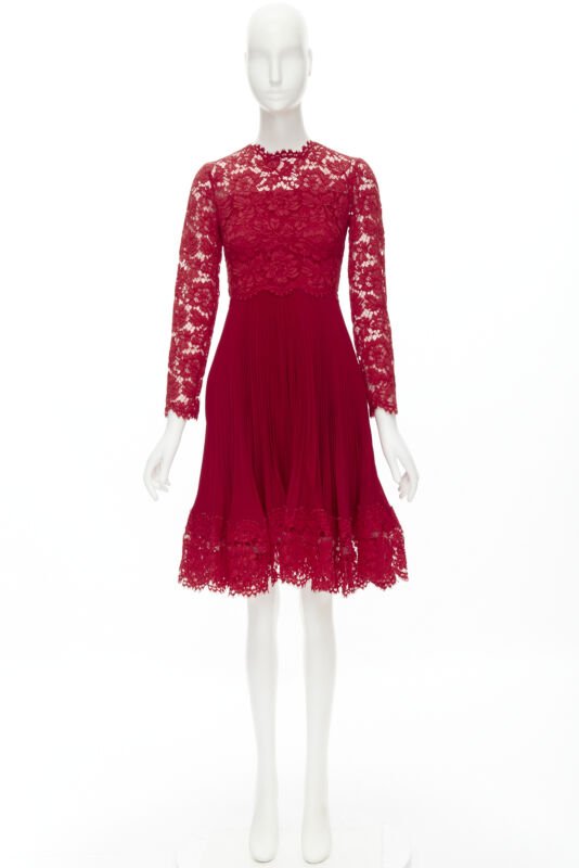 VALENTINO red floral lace knife pleat skirt cocktail dress IT38 XS