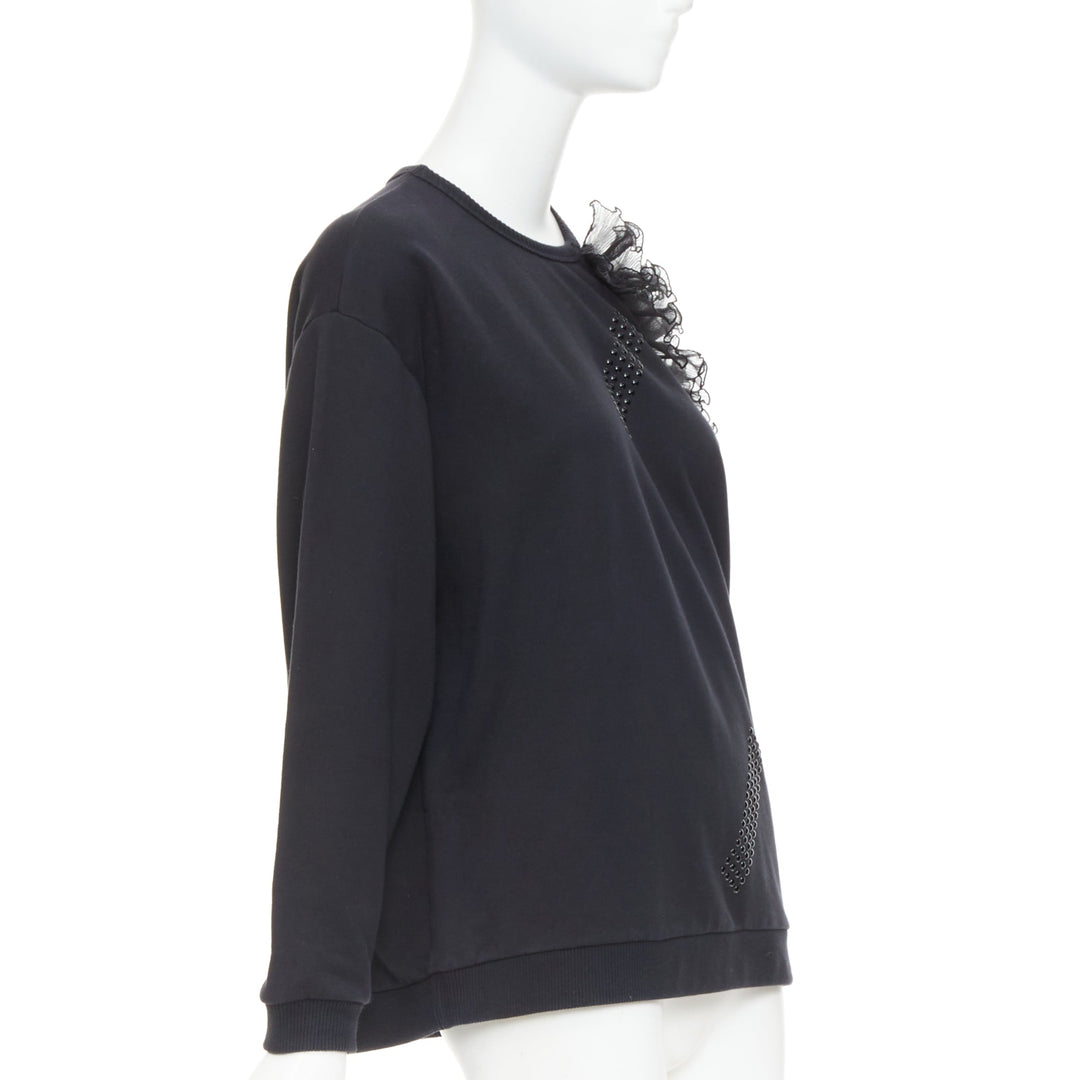 CHRISTOPHER KANE black cotton ruffle frill cut out shoulder studded sweatshirt S