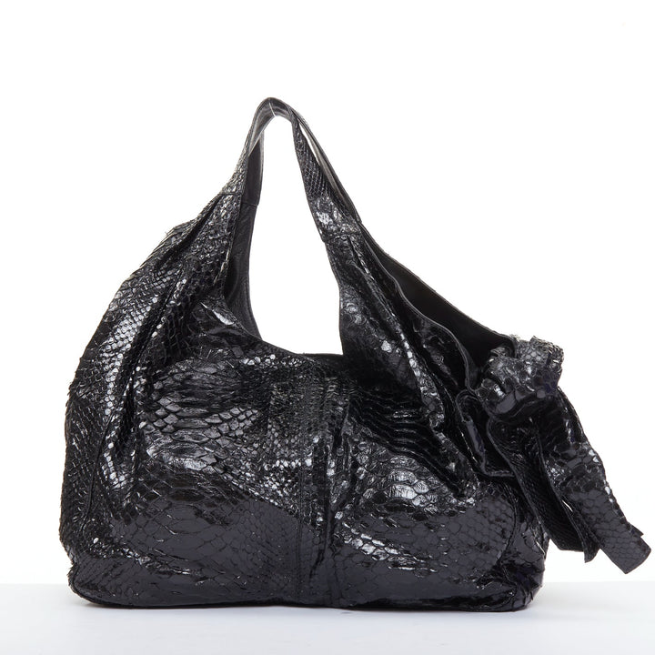 VALENTINO black shiny snakeskin leather bow side shoulder hobo bag