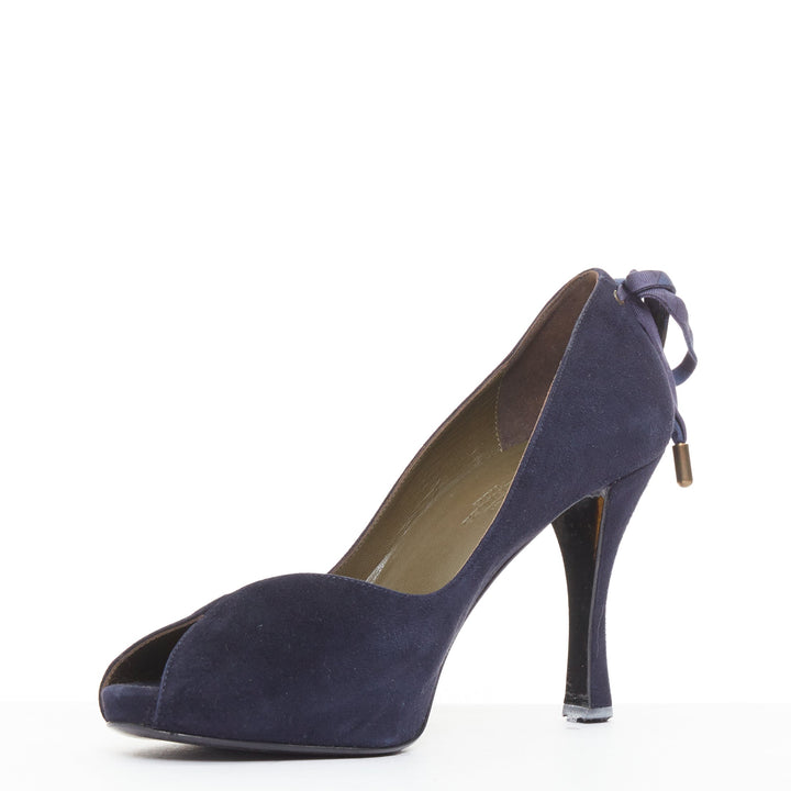 HERMES navy suede leather silk bow tie back spool heeled pumps EU37.5