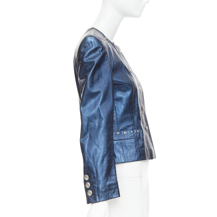 ESCADA Vintage 1980s Starry Night metallic blue leather stud jacket FR34 S