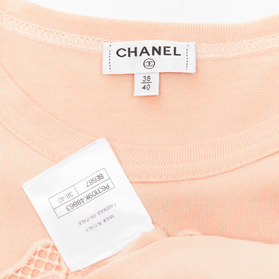 CHANEL 2020 peach pink macrame hollow logo cropped pocketed tshirt FR38 M