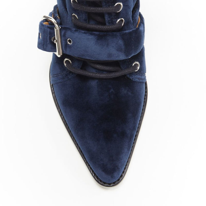 CHLOE Rylee blue velvet buckle strap lace up cut out ankle boots EU37