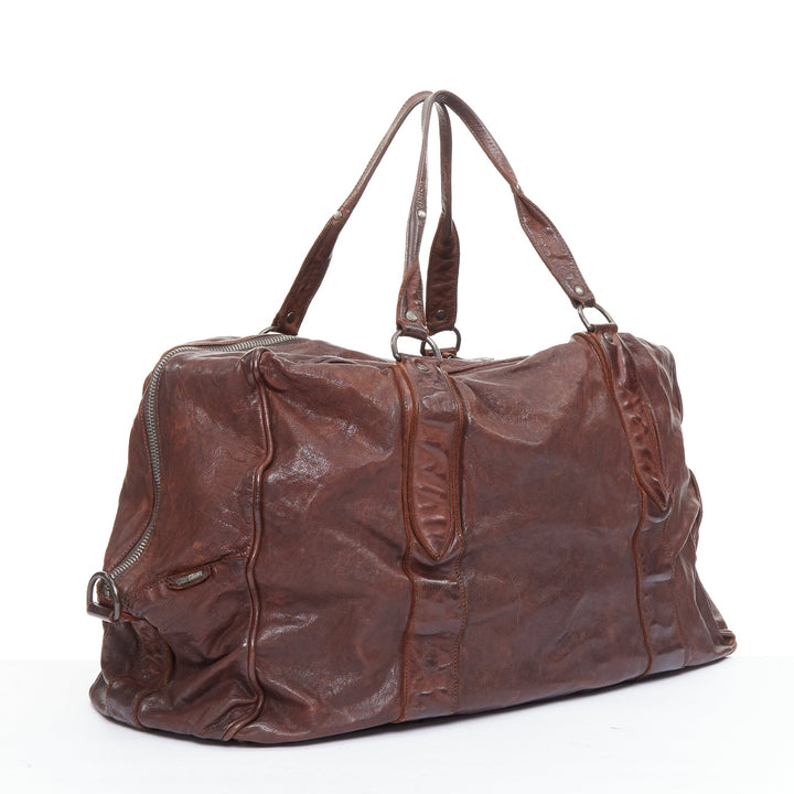 MIU MIU Vintage brown tumbled crinkled leather large travel bag