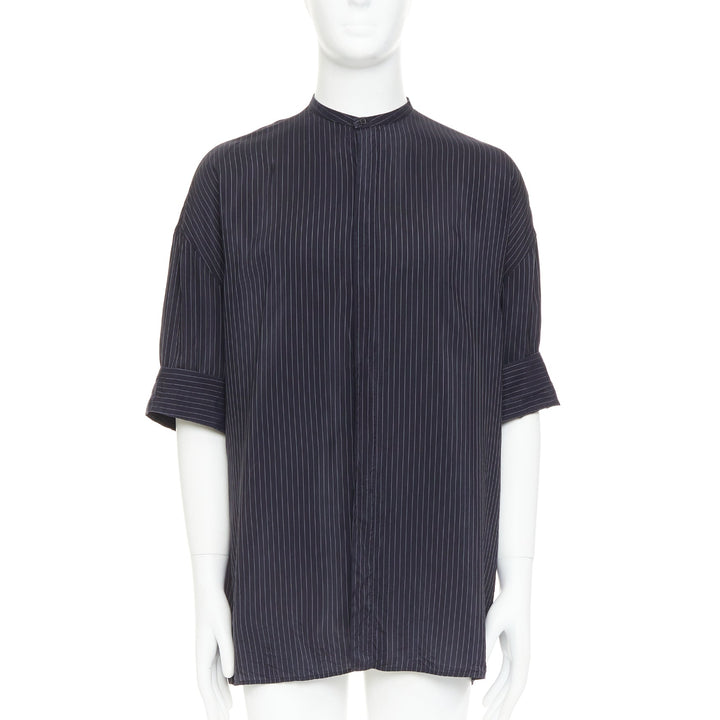 HAIDER ACKERMANN black pinstriped bishop collared half sleeve shirt S