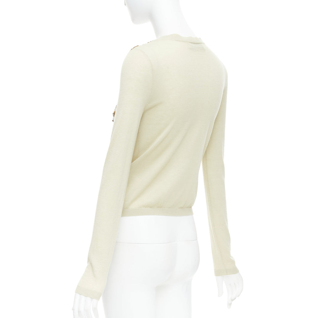 VALENTINO beige cashmere silk bead embellished crop cardigan M