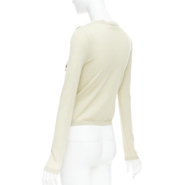 VALENTINO beige cashmere silk bead embellished crop cardigan M