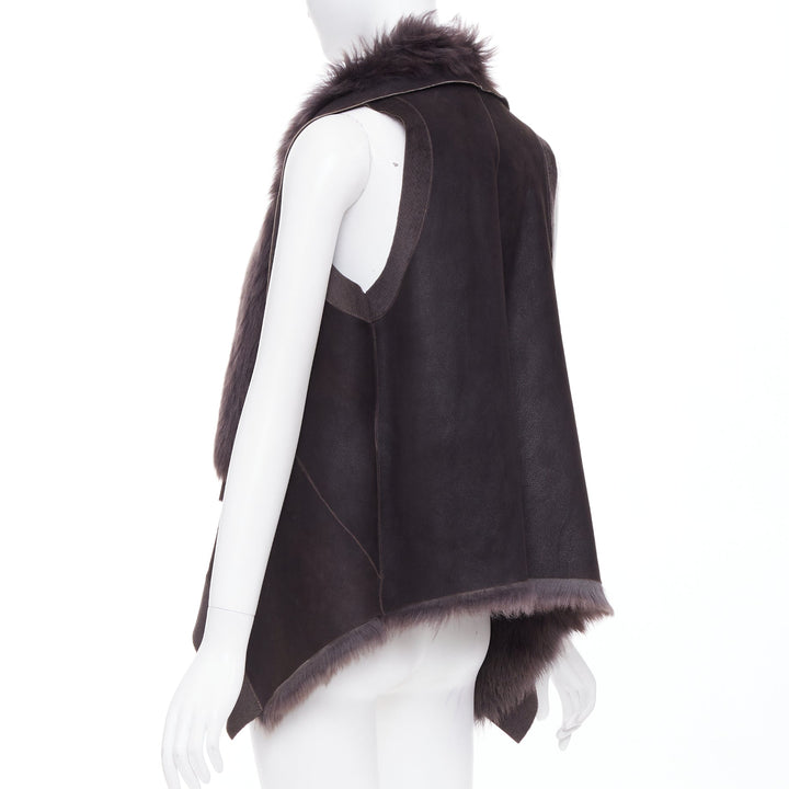 KARL DONOGHUE dark brown lambskin leather fur lined draped vest jacket XS