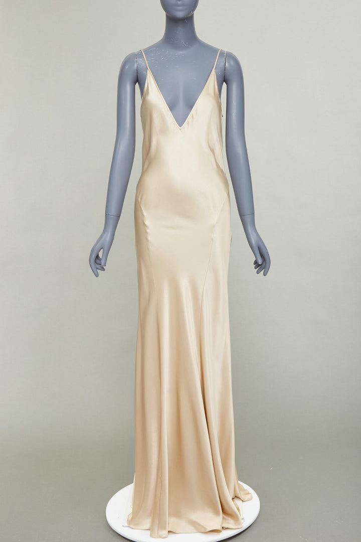 SAINT LAURENT 2024 rose champagne silk satin plunge contour panel gown FR38 M