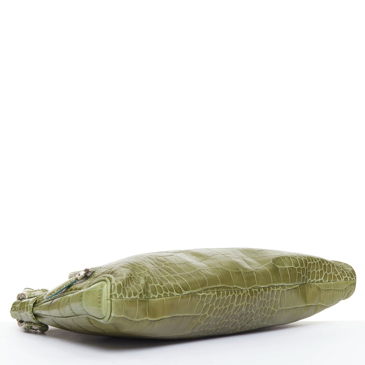 MARNI olive green croc embossed leather front zip pocket satchel bag