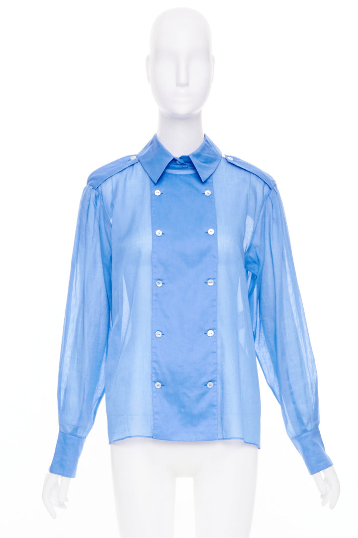 CHANEL sheer panel blue cotton double breasted epaulet button shirt FR38 M