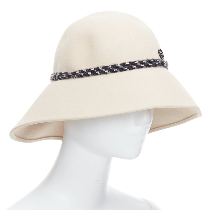 MAISON MICHEL beige rabbit felt braid trim M charm visor fedora hat M