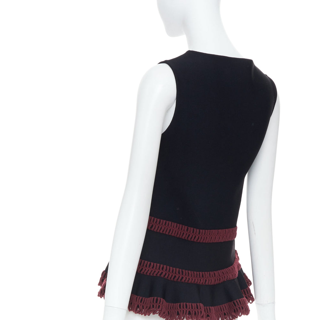 ALAIA burgundy openwork crochet tiered ruffle viscose blend peplum top FR36 S